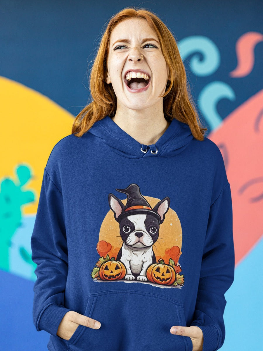 Boston Terriers and Halloween Love Women's Cotton Fleece Hoodie Sweatshirt - 4 Colors-Apparel-Apparel, Boston Terrier, Hoodie, Sweatshirt-Navy Blue-XS-1