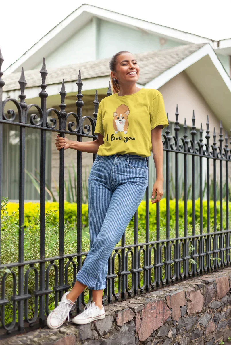 Corgi Boy Love Women's Cotton T-Shirts-Apparel-Apparel, Corgi, Shirt, T Shirt-Yellow-Small-4
