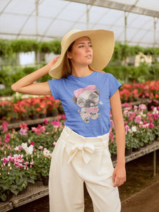 Flower Bouquet Girl Pug Women's Cotton T-Shirt - 4 Colors-Apparel-Apparel, Pug, Shirt, T Shirt-Blue-Small-4