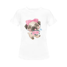Load image into Gallery viewer, Flower Bouquet Girl Pug Women&#39;s Cotton T-Shirt-Apparel-Apparel, Pug, Shirt, T Shirt-White-Small-1