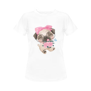 Flower Bouquet Girl Pug Women's Cotton T-Shirt-Apparel-Apparel, Pug, Shirt, T Shirt-White-Small-1