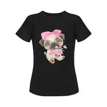 Load image into Gallery viewer, Flower Bouquet Girl Pug Women&#39;s Cotton T-Shirt-Apparel-Apparel, Pug, Shirt, T Shirt-Black-Small-2