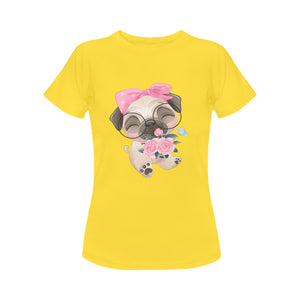 Flower Bouquet Girl Pug Women's Cotton T-Shirt-Apparel-Apparel, Pug, Shirt, T Shirt-Yellow-Small-3
