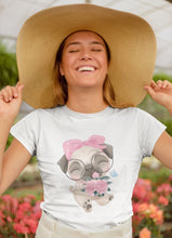 Load image into Gallery viewer, Flower Bouquet Girl Pug Women&#39;s Cotton T-Shirt - 4 Colors-Apparel-Apparel, Pug, Shirt, T Shirt-White-Small-1