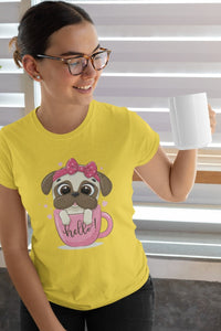 Girl Pug and Coffee Love Women's Cotton T-Shirt - 4 Colors-Apparel-Apparel, Pug, Shirt, T Shirt-Yellow-Small-3