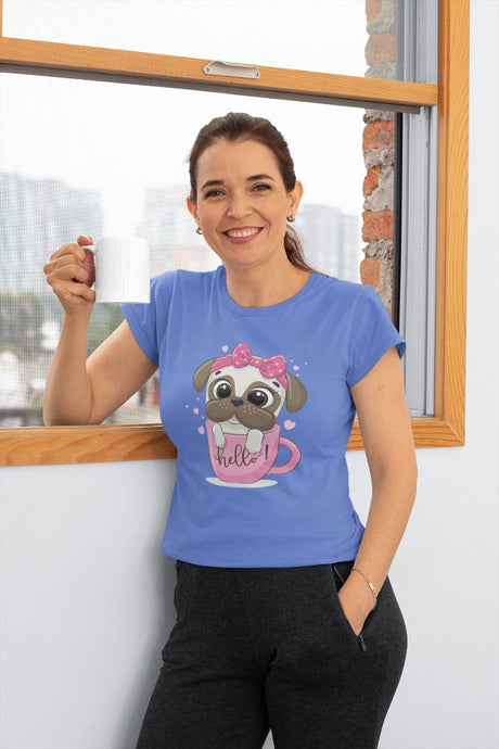 Girl Pug and Coffee Love Women's Cotton T-Shirt - 4 Colors-Apparel-Apparel, Pug, Shirt, T Shirt-Blue-Small-1