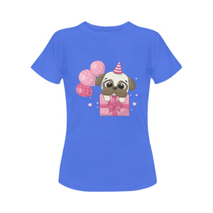 Happy Birthday Pug Women's Cotton T-Shirts-Apparel-Apparel, Pug, Shirt, T Shirt-Blue-Small-1