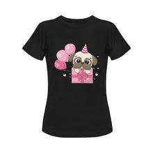 Load image into Gallery viewer, Happy Birthday Pug Women&#39;s Cotton T-Shirts-Apparel-Apparel, Pug, Shirt, T Shirt-Black-Small-3
