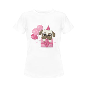 Happy Birthday Pug Women's Cotton T-Shirts-Apparel-Apparel, Pug, Shirt, T Shirt-White-Small-2