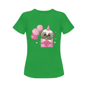 Happy Birthday Pug Women's Cotton T-Shirts-Apparel-Apparel, Pug, Shirt, T Shirt-Green-Small-5