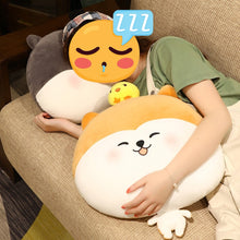 Load image into Gallery viewer, image of a woman sleeping with an adorable husky plush stuffed pillow and shiba inu plush stuffed pillow