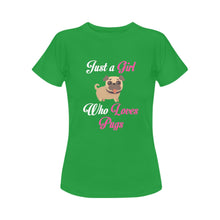 Load image into Gallery viewer, Just a Girl Who Loves Pugs Women&#39;s Cotton T-Shirt-Apparel-Apparel, Pug, Shirt, T Shirt-Green-Small-5