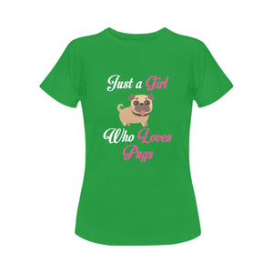 Just a Girl Who Loves Pugs Women's Cotton T-Shirt-Apparel-Apparel, Pug, Shirt, T Shirt-Green-Small-5