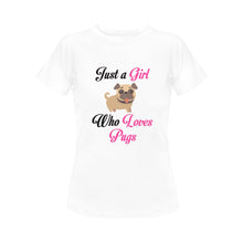 Load image into Gallery viewer, Just a Girl Who Loves Pugs Women&#39;s Cotton T-Shirt-Apparel-Apparel, Pug, Shirt, T Shirt-White-Small-2