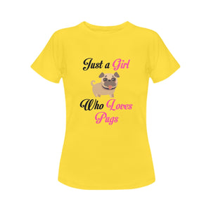 Just a Girl Who Loves Pugs Women's Cotton T-Shirt-Apparel-Apparel, Pug, Shirt, T Shirt-Yellow-Small-3