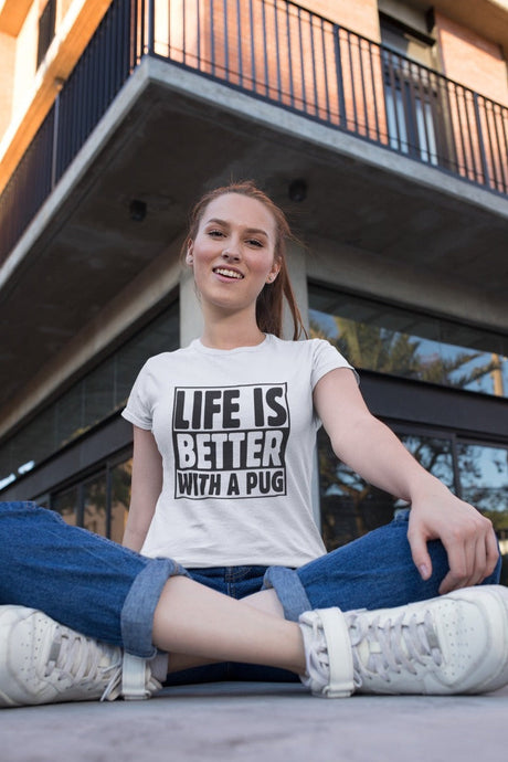 Life is Better with a Pug Women's Cotton T-Shirt - 3 Colors-Apparel-Apparel, Pug, Shirt, T Shirt-White-Small-1