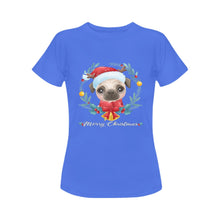 Load image into Gallery viewer, Merry Christmas Pug Women&#39;s Cotton T-Shirt-Apparel-Apparel, Christmas, Pug, Shirt, T Shirt-Blue-Small-4