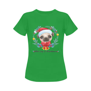 Merry Christmas Pug Women's Cotton T-Shirt-Apparel-Apparel, Christmas, Pug, Shirt, T Shirt-Green-Small-5