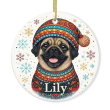 Load image into Gallery viewer, Pug Ornament - Christmas Folk Art Design - Personalize with Photo and Name
