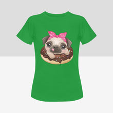 Load image into Gallery viewer, Pug and Donut Love Women&#39;s Cotton T-Shirts-Apparel-Apparel, Pug, Shirt, T Shirt-Green-Small-5