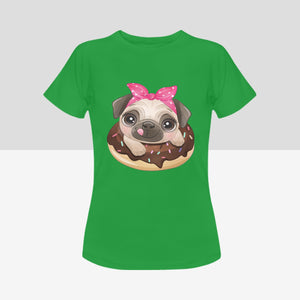 Pug and Donut Love Women's Cotton T-Shirts-Apparel-Apparel, Pug, Shirt, T Shirt-Green-Small-5
