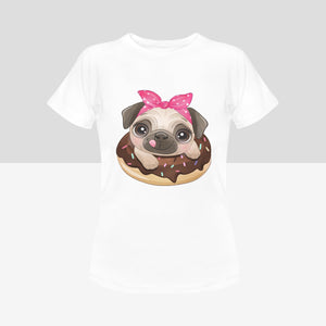 Pug and Donut Love Women's Cotton T-Shirts-Apparel-Apparel, Pug, Shirt, T Shirt-White-Small-1