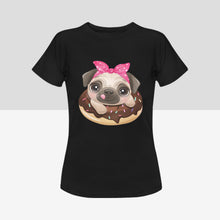Load image into Gallery viewer, Pug and Donut Love Women&#39;s Cotton T-Shirts-Apparel-Apparel, Pug, Shirt, T Shirt-Black-Small-2