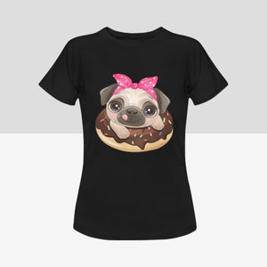 Pug and Donut Love Women's Cotton T-Shirts-Apparel-Apparel, Pug, Shirt, T Shirt-Black-Small-2