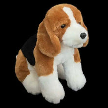 Load image into Gallery viewer, A plush beagle dog toy with brown, white, and black fur, shown against a solid black background.
