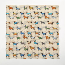 Load image into Gallery viewer, A square fabric item, likely a bandana or scarf, featuring a repeating pattern of dachshund dogs wearing colorful sweaters on a warm beige background.