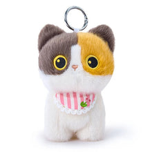 Load image into Gallery viewer, A plush calico cat keychain charm with a metal split ring, featuring a pink and white striped bib with a cherry detail, set against a plain white background with a Duoai logo in the top left corner.