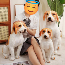 Load image into Gallery viewer, Three large plush beagle dog toys are arranged around a seated person in a school uniform, with a large beagle plush on the left, a smaller one in front right, and a tall standing one on the right. The person's face is obscured by a yellow halo emoji overlay.