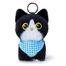 Load image into Gallery viewer, A black and white plush kitten keychain wearing a blue and white gingham bandana, featuring large yellow eyes and a black metal key ring on top, shown on a white background with a Duoai logo in the top left corner.