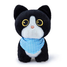 Load image into Gallery viewer, A black and white plush cat toy wearing a blue and white gingham bandana, set against a plain white background.