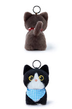 Load image into Gallery viewer, Black and White Cat Plush Keychain - Adorable Standing Kitty - Big Eyes and Scarf