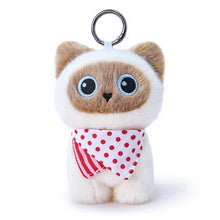 Load image into Gallery viewer, A plush cat keychain charm with large blue eyes, brown and white fur, and a red-and-white polka dot scarf, shown on a clean white background with a Duoai logo in the top left corner.