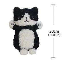 Load image into Gallery viewer, A black and white fluffy cat plush toy standing upright with its paws raised, shown on a plain white background with a vertical measurement marker indicating 30cm (11.81in) height.