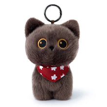 Load image into Gallery viewer, A small plush kitten keychain in dark brown with large round yellow eyes and a red bandana with white flower patterns, attached to a black metal key ring, shown on a white background with a Duoai logo in the top left corner.