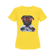 Load image into Gallery viewer, Superhero Black Pug Women&#39;s Cotton T-Shirt-Apparel-Apparel, Pug, Shirt, T Shirt-Yellow-Small-2