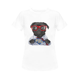 Superhero Black Pug Women's Cotton T-Shirt-Apparel-Apparel, Pug, Shirt, T Shirt-White-Small-1