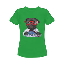 Load image into Gallery viewer, Superhero Black Pug Women&#39;s Cotton T-Shirt-Apparel-Apparel, Pug, Shirt, T Shirt-Green-Small-3