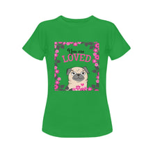 Load image into Gallery viewer, You Are Loved Pug Women&#39;s Cotton T-Shirt-Apparel-Apparel, Pug, Shirt, T Shirt-Green-Small-4