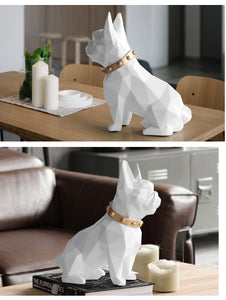 Image of a collage of two super-cute French Bulldog statues which is also a piggy bank in white color, placed on a table