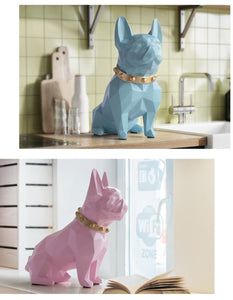 Image of collage of two super-cute French Bulldog statues which is also a piggy bank in sky blue and pink color