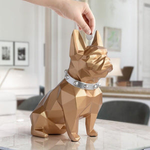Image of a super-cute French Bulldog statue which is also a piggy bank in texture gold color