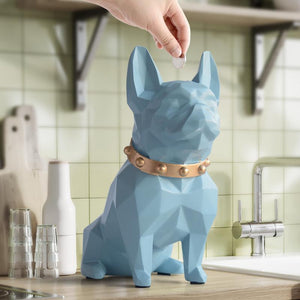 Image of a super-cute French Bulldog statue which is also a piggy bank in sky blue color