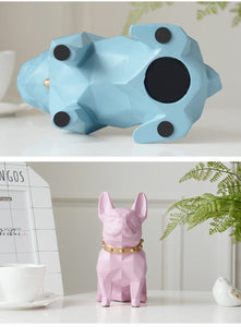 Image of a collage of two super-cute French Bulldog statues which is also a piggy bank in sky blue (bottom view) and pink color