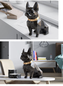 Image of a collage of two super-cute French Bulldog statues which is also a piggy bank in black color, placed on a table