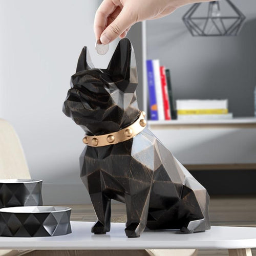 Image of a super-cute French Bulldog statue which is also a piggy bank in texture black color