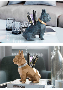 Image of a collage of two super-cute French Bulldog themed tabletop organiser statue in texture blue and gold color